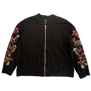 Du Jour Black Floral Embroidered Zip Front Dark Boho Artsy Bomber Jacket Size 1X